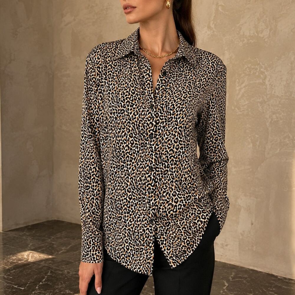 J.Crew Leopard Silk Button Shirt Size 2 Mob Wife Office Siren Indie Sleaze